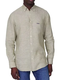 Chemise en lin kaki unie avec une coupe droite et un col boutonné