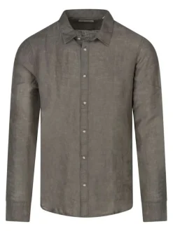 Chemise en lin kaki unie avec une coupe droite et un col à revers
