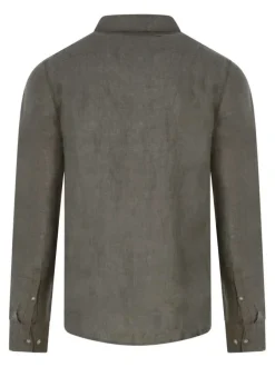 Chemise en lin kaki unie avec une coupe droite et un col à revers