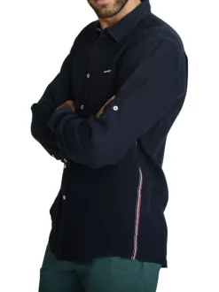 Chemise en lin marine à coupe droite pourvue d'un col à revers