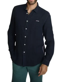 Chemise en lin marine à coupe droite pourvue d'un col à revers