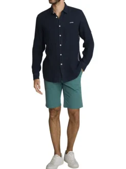 Chemise en lin marine à coupe droite pourvue d'un col à revers