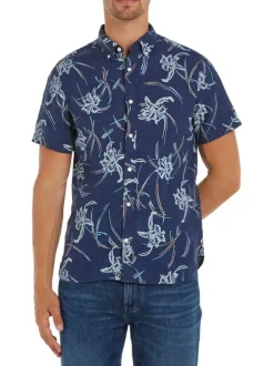 Chemise en lin marine fleurie avec une coupe slim et un col anglais