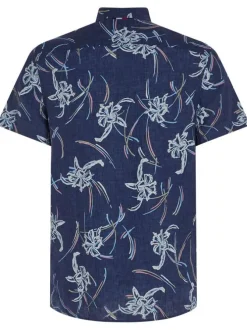 Chemise en lin marine fleurie avec une coupe slim et un col anglais