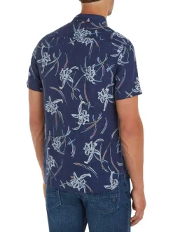 Chemise en lin marine fleurie avec une coupe slim et un col anglais