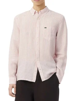 Chemise en lin saumon à coupe droite ornée d'un motif à rayures