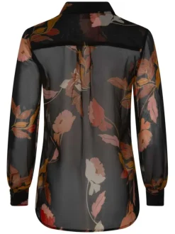 Chemise en voile noire imprimée feuille à coupe droite et col italien