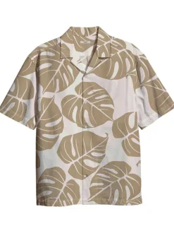 Chemise Fast beige fantaisie en coton coupe regular col cubain à manches courtes