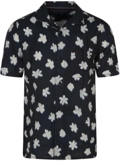 Chemise Grande Taille en lin marine fleurie coupe droite col cubain