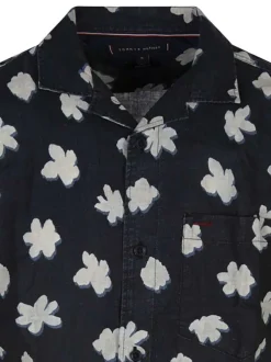 Chemise Grande Taille en lin marine fleurie coupe droite col cubain