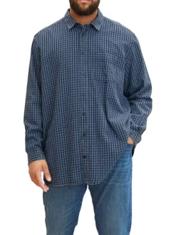 Chemise Grande Taille pur coton bleu marine à carreaux, regular fit à patte de boutonnage