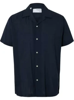 Chemise hawaïenne bleue marine unie à coupe droite avec un col ouvert à revers