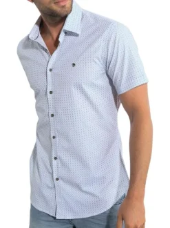 Chemise manches courtes beige imprimée avec une coupe droite et un col à revers