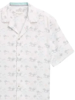 Chemise manches courtes blanche avec motif palmiers à coupe droite et col cubain