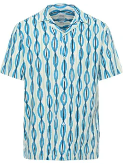 Chemise manches courtes bleue à motifs géométriques et à col cubain
