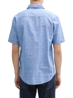 Chemise manches courtes bleue unie à coupe droite avec 1 poche et col français