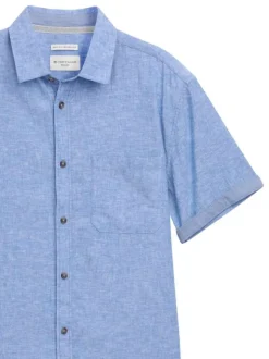Chemise manches courtes bleue unie à coupe droite avec 1 poche et col français