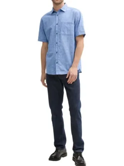 Chemise manches courtes bleue unie à coupe droite avec 1 poche et col français