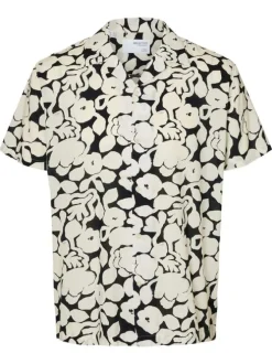 Chemise manches courtes écrue et noire à imprimé floral avec un col cubain