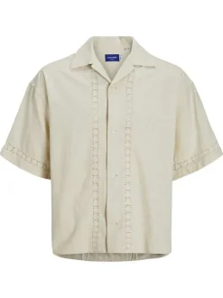 Chemise manches courtes écrue unie à coupe ample avec col cubain