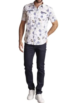 Chemise à manches courtes en coton blanche fleurie et à coupe slim fit