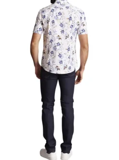 Chemise à manches courtes en coton blanche fleurie et à coupe slim fit