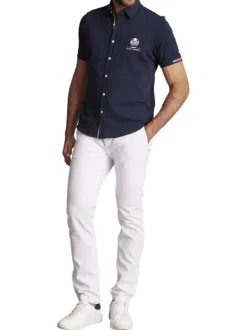Chemise à manches courtes en coton bleue marine unie à coupe slim fit