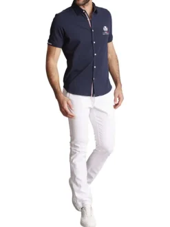 Chemise à manches courtes en coton bleue marine unie à coupe slim fit