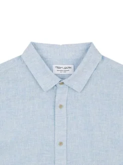 Chemise manches courtes en coton et lin mélangé ciel unie à coupe regular fit