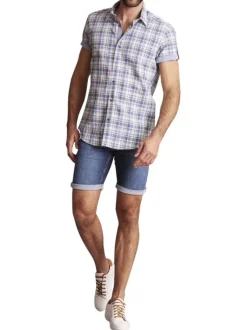 Chemise à manches courtes en coton grise imprimée tartan et à coupe regular fit