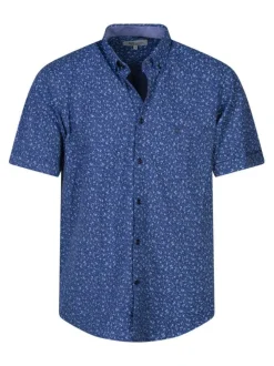 Chemise manches courtes en coton marine fleurie avec une coupe droite