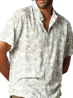 Chemise à manches courtes en coton mélangé écrue imprimée et à coupe droite