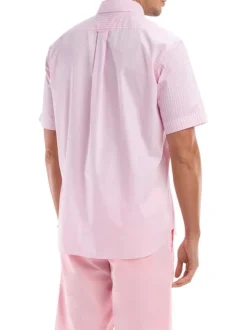 Chemise manches courtes en coton rose rayée à coupe droite avec un col boutonné