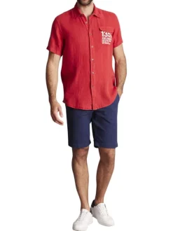 Chemise manches courtes en coton rouge unie à coupe regular fit avec une poche
