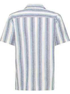 Chemise manches courtes en lin et coton bleue rayée avec un col cubain