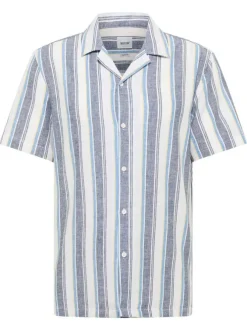 Chemise manches courtes en lin et coton bleue rayée avec un col cubain
