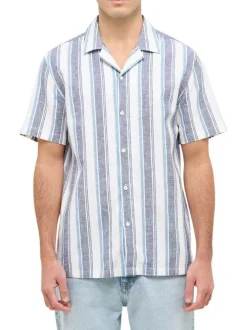 Chemise manches courtes en lin et coton bleue rayée avec un col cubain