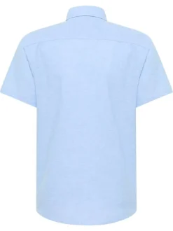 Chemise manches courtes en lin et coton bleue unie à coupe regular fit