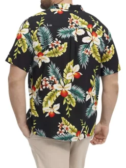 Chemise à manches courtes noire à imprimé tropical avec un col cubain