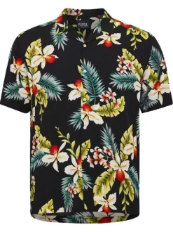 Chemise à manches courtes noire à imprimé tropical avec un col cubain