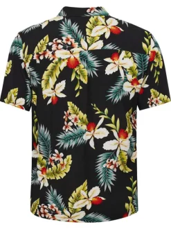 Chemise à manches courtes noire à imprimé tropical avec un col cubain