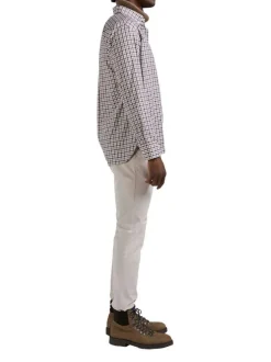 Chemise manches longues en coton blanche à petits carreaux avec un col américain