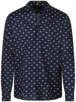 Chemise manches longues en coton bleue marine imprimée et avec un col français