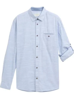 Chemise manches longues en coton ciel chiné à coupe droite avec 1 poche