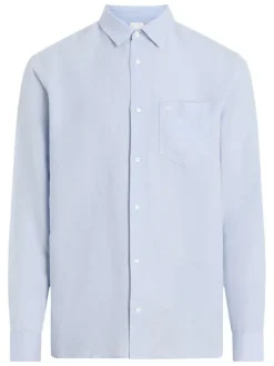Chemise à manches longues en lin bleue ciel unie à coupe droite avec une poche