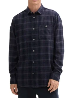 Chemise marine à carreaux droite à col français et à manches longues