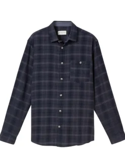 Chemise marine à carreaux droite à col français et à manches longues