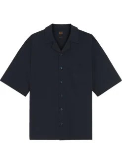 Chemise marine à coupe droite pourvue d'un col cubain et de manches courtes
