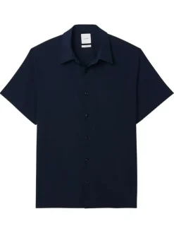 Chemise marine à coupe droite pourvue d'un col à revers et de manches courtes
