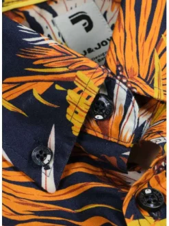 Chemise marine en coton imprimée de palmes coupe ajustée et à manches courtes